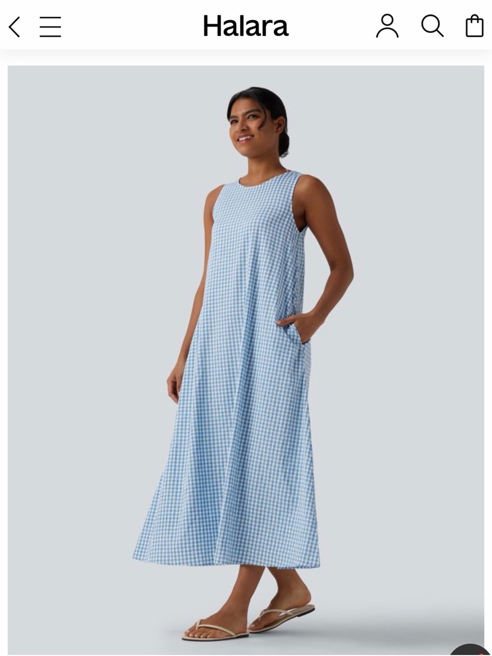 HALARA Round Neck Sleeveless Midi Crinkle Gingham Casual Tank Dress with Pockets